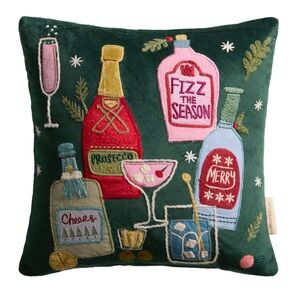 World Market Green Velvet Holiday Embroidered Fizz Pillow